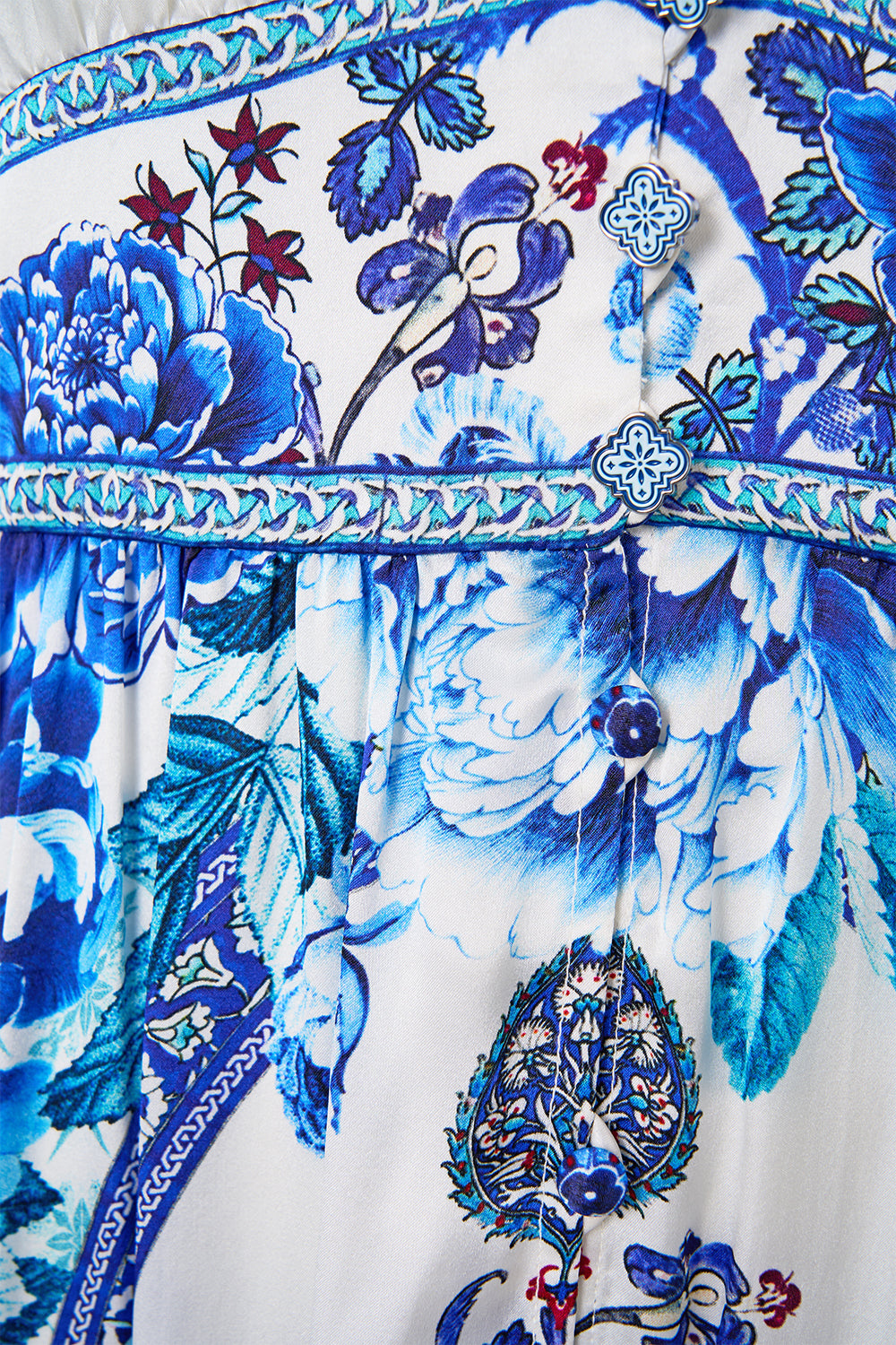 The CAMILLA LONG BUTTON FRONT DRESS A CERAMIC GARDEN in our  print.