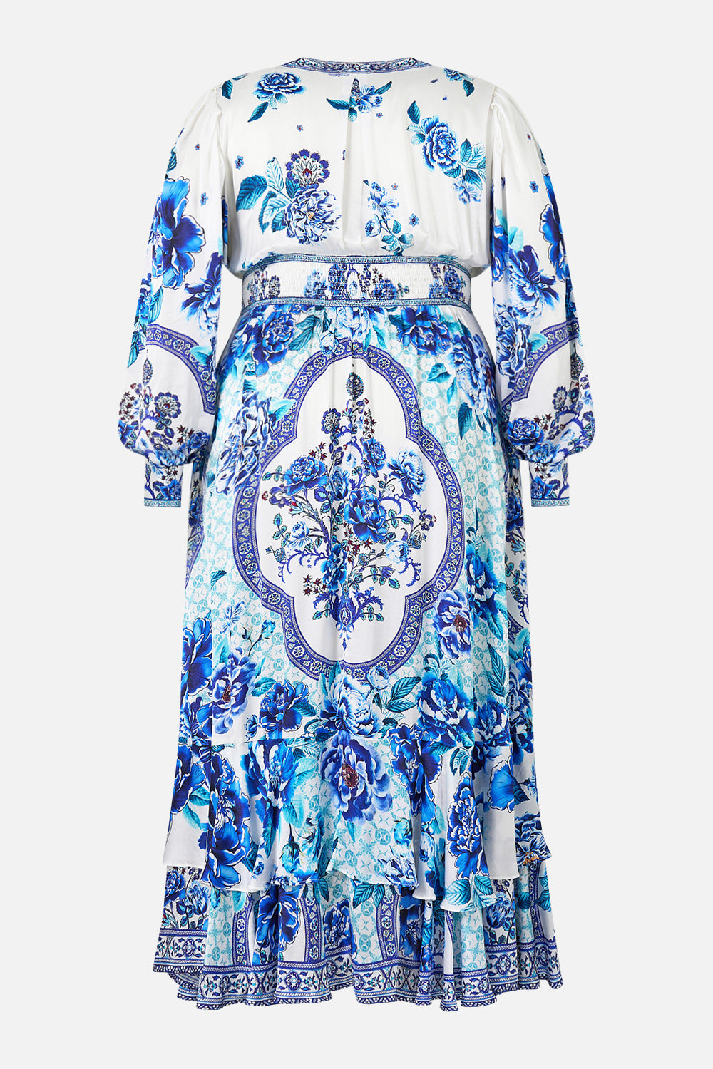 The CAMILLA LONG BUTTON FRONT DRESS A CERAMIC GARDEN in our  print.