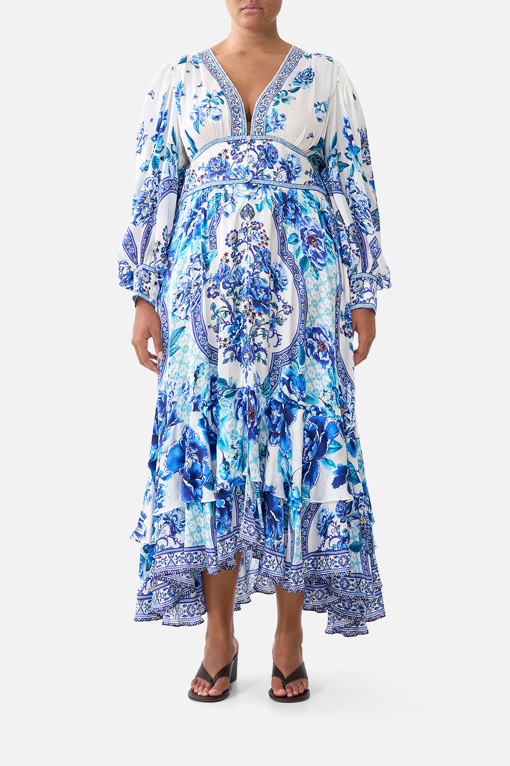 The CAMILLA LONG BUTTON FRONT DRESS A CERAMIC GARDEN in our  print.
