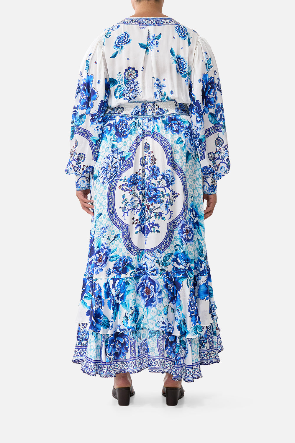 The CAMILLA LONG BUTTON FRONT DRESS A CERAMIC GARDEN in our  print.