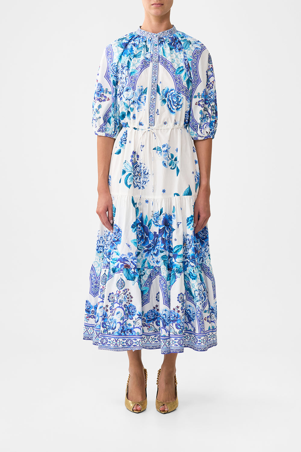 The CAMILLA PUFF SLEEVE MIDI SHIRT DRESS A CERAMIC GARDEN in our A CERAMIC GARDEN print.