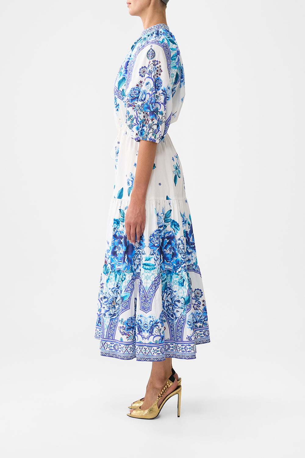 The CAMILLA PUFF SLEEVE MIDI SHIRT DRESS A CERAMIC GARDEN in our  print.