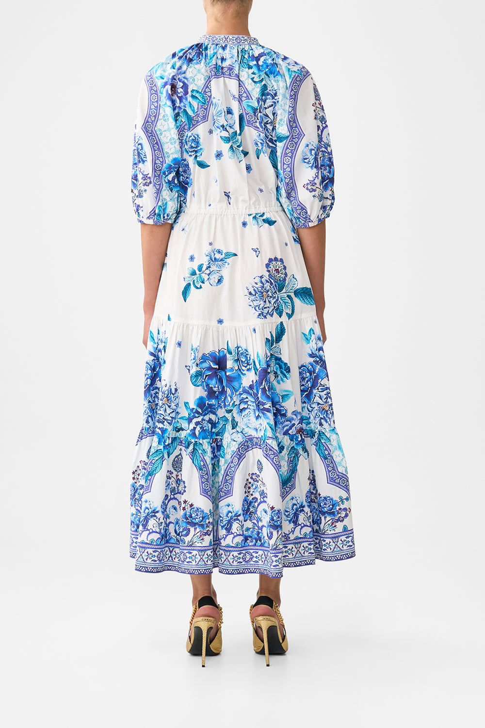 The CAMILLA PUFF SLEEVE MIDI SHIRT DRESS A CERAMIC GARDEN in our  print.