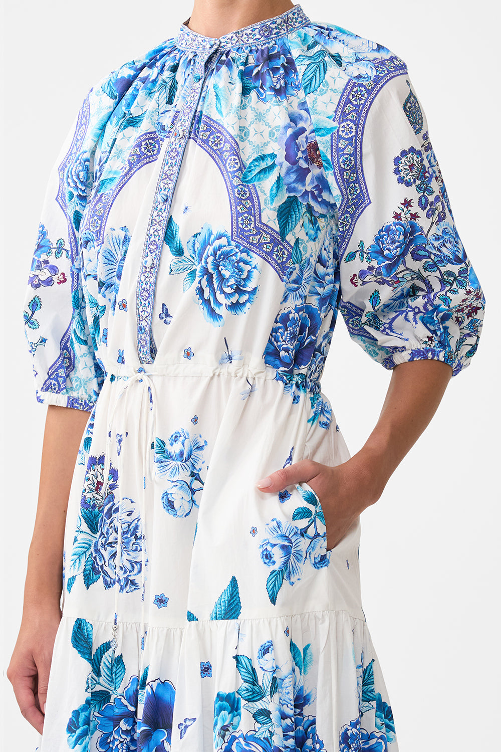 The CAMILLA PUFF SLEEVE MIDI SHIRT DRESS A CERAMIC GARDEN in our  print.
