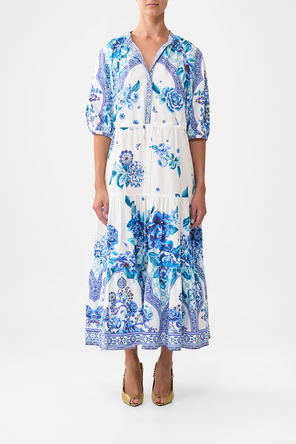 The CAMILLA PUFF SLEEVE MIDI SHIRT DRESS A CERAMIC GARDEN in our  print.