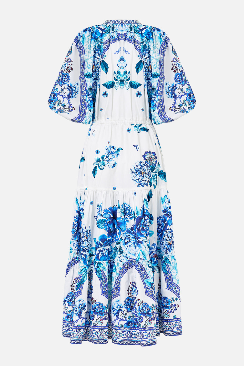The CAMILLA PUFF SLEEVE MIDI SHIRT DRESS A CERAMIC GARDEN in our  print.
