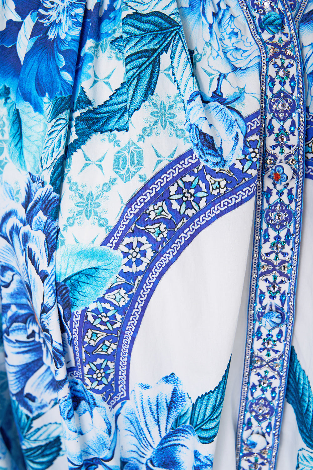 The CAMILLA PUFF SLEEVE MIDI SHIRT DRESS A CERAMIC GARDEN in our  print.