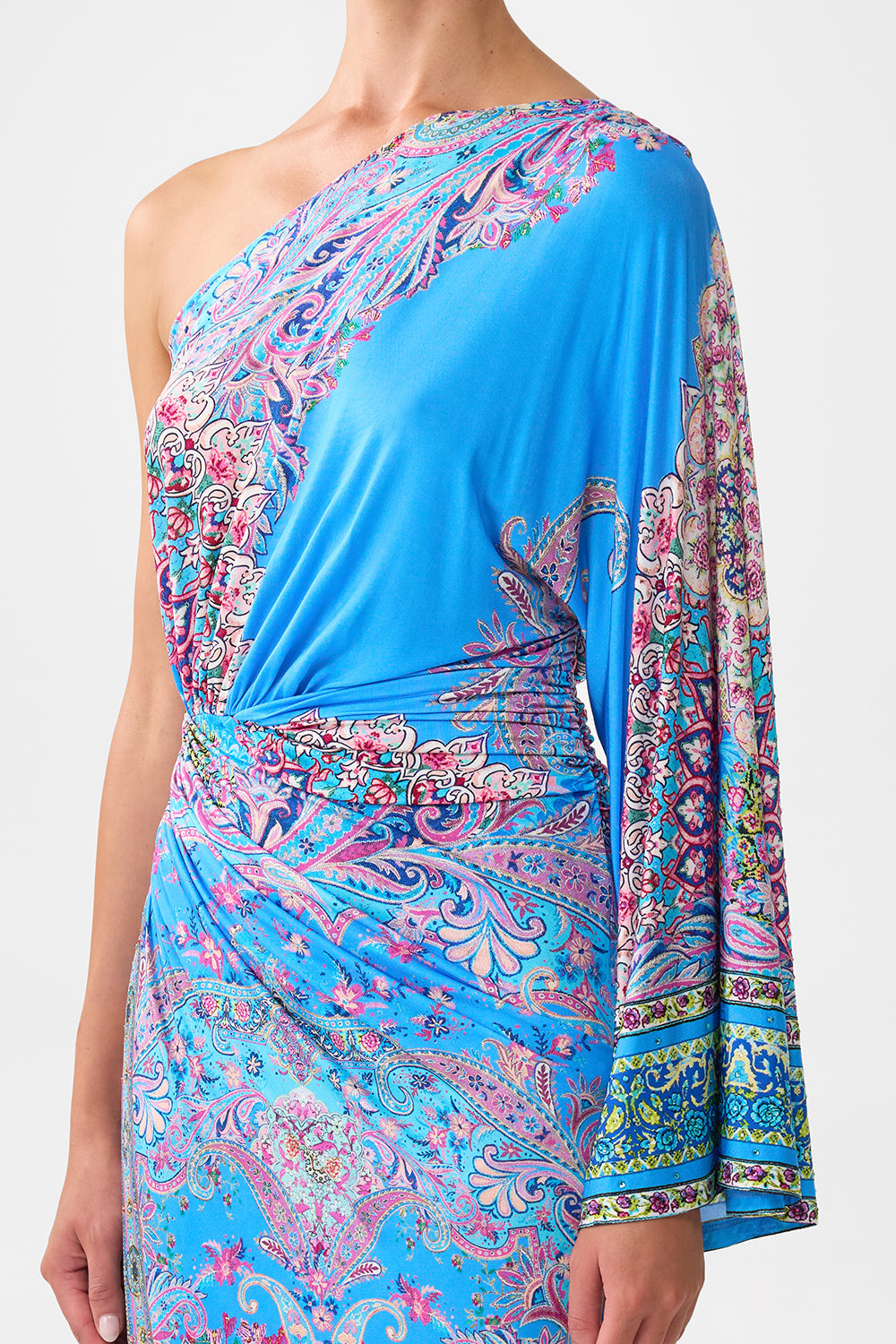 The CAMILLA ONE SHOULDER JERSEY DRESS FOOTSTEPS IN FOLKLORE in our  print.