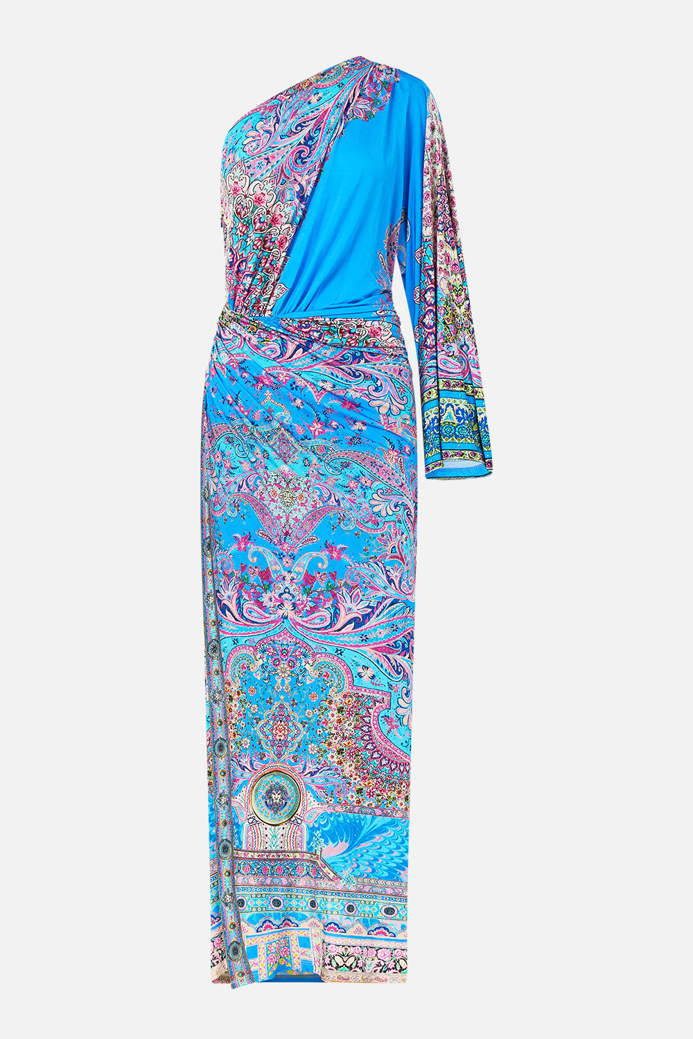 The CAMILLA ONE SHOULDER JERSEY DRESS FOOTSTEPS IN FOLKLORE in our  print.