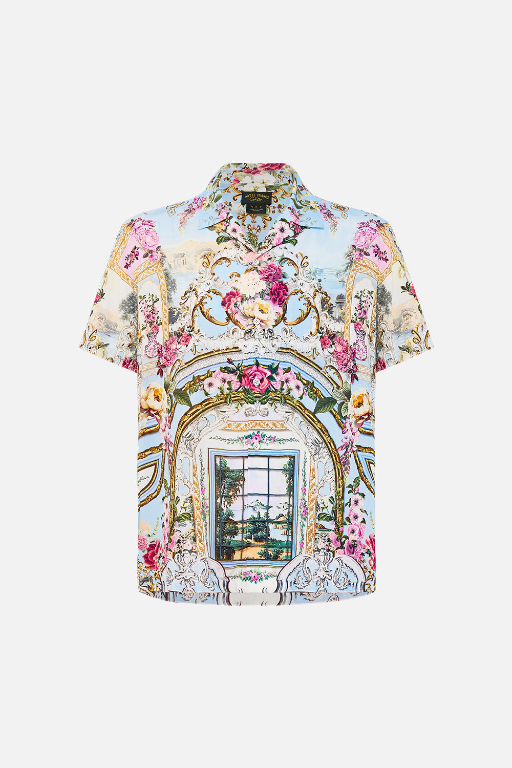 The CAMILLA short sleeve camp collared shirt from our print tiled in time, front product view