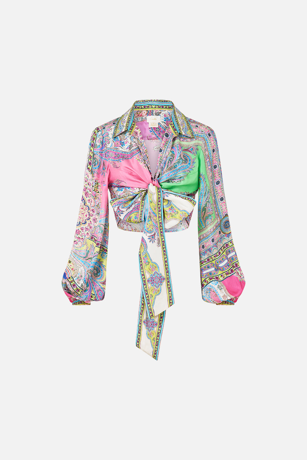 The CAMILLA CROPPED WRAP SHIRT MAGIC CARPET RIDE in our  print.
