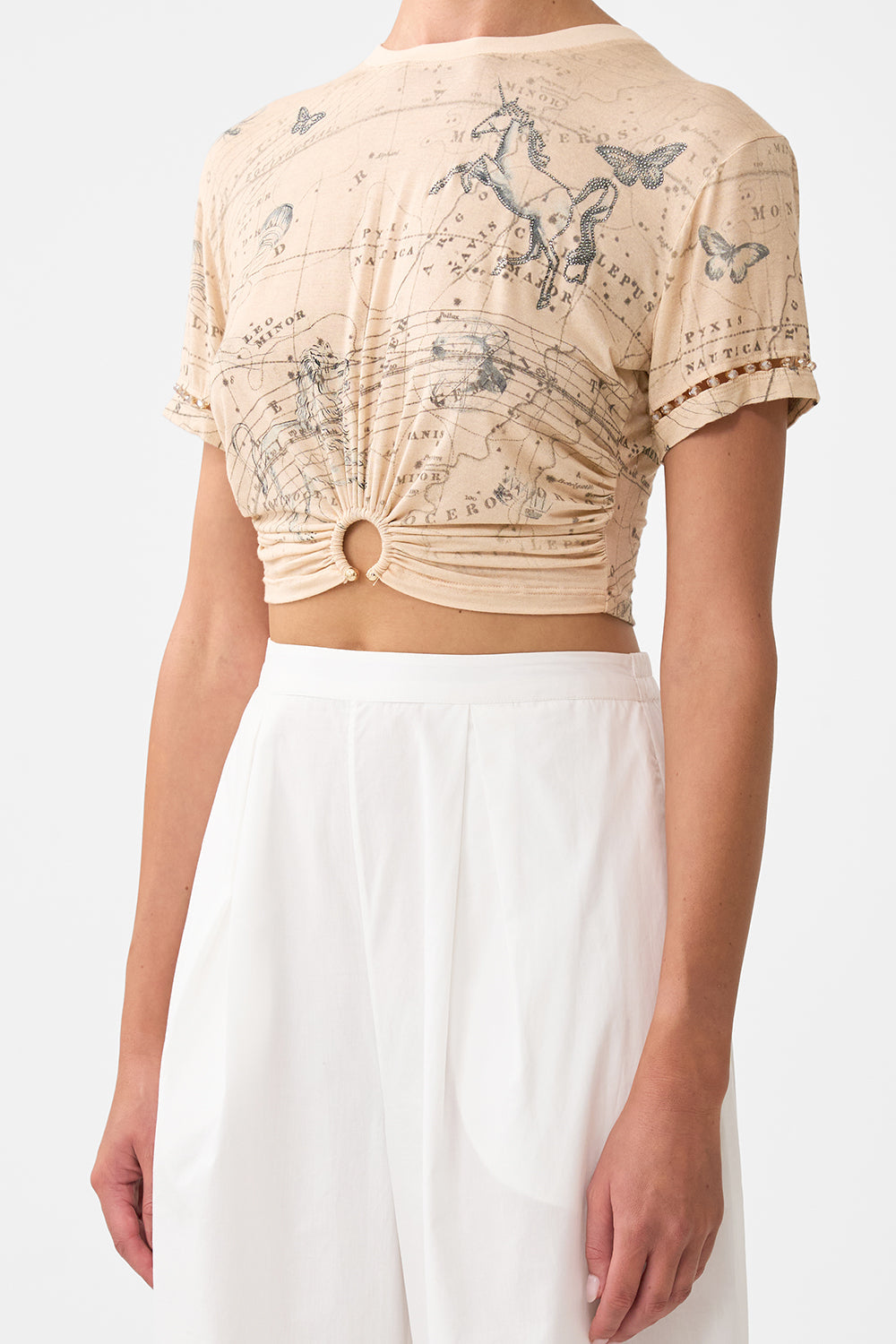 The CAMILLA JERSEY T-SHIRT WITH HARDWARE HOUSE OF HOROSCOPES in our  print.