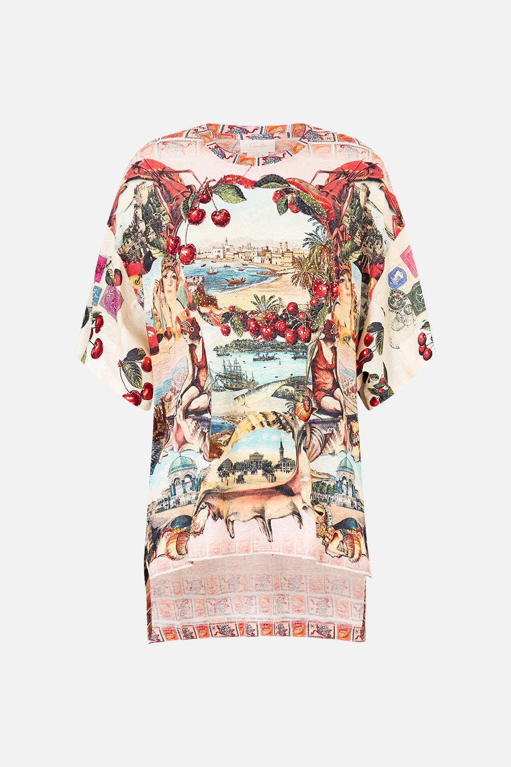 The CAMILLA panelled side split tee from our print notes from the road, front product view