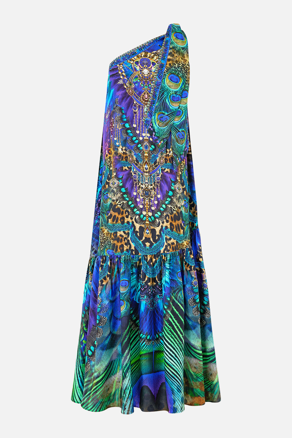 The CAMILLA tie one shoulder dress from our print cosmic zoology, front product view