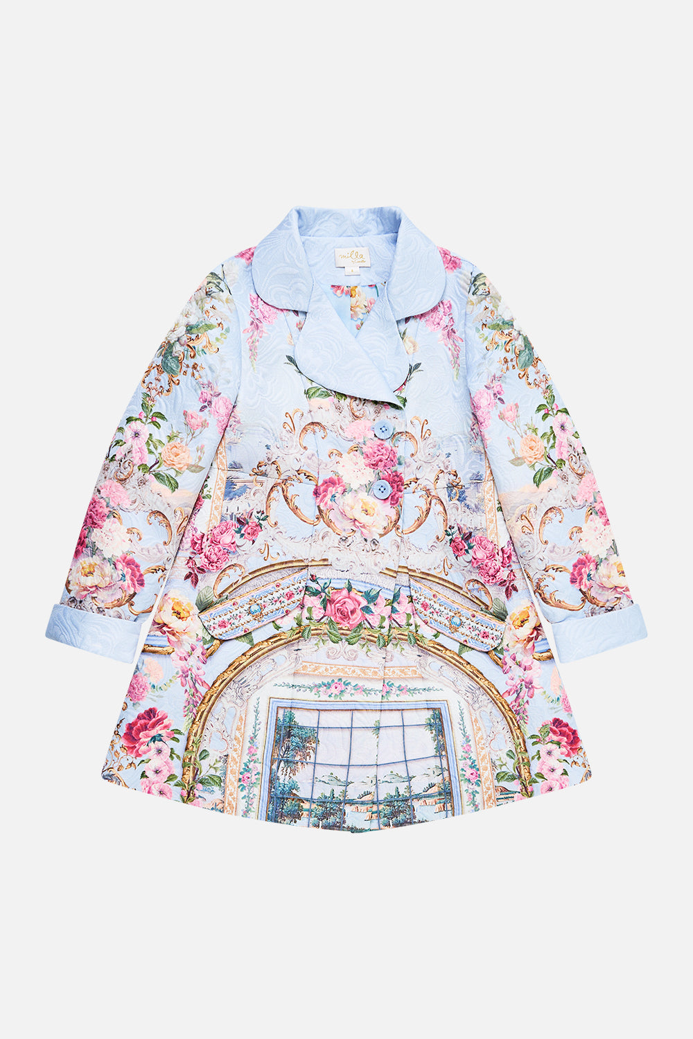 The CAMILLA KIDS SINGLE BREASTED JACQUARD COAT TILED IN TIME in our TILED IN TIME print.
