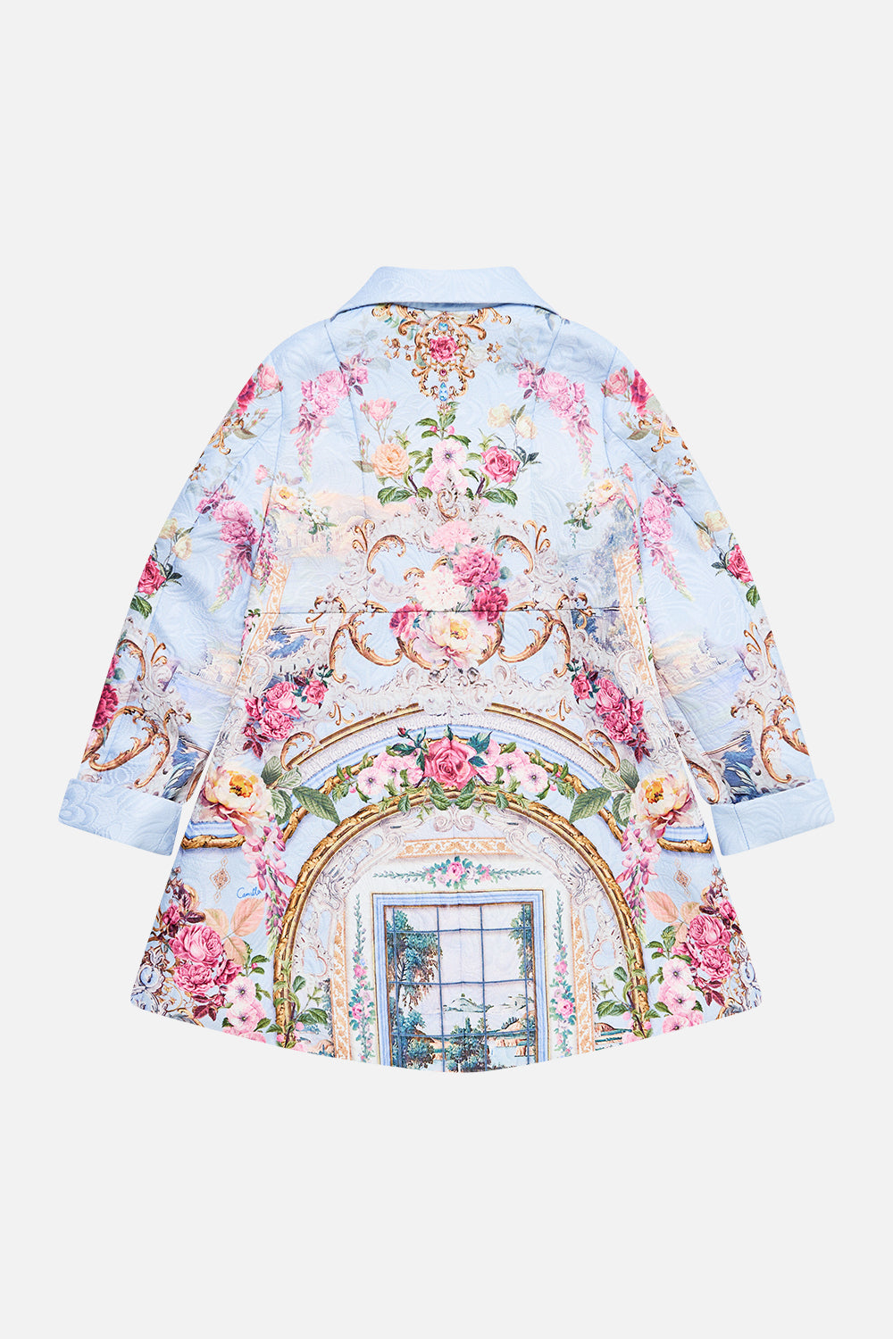 The CAMILLA KIDS SINGLE BREASTED JACQUARD COAT TILED IN TIME in our  print.