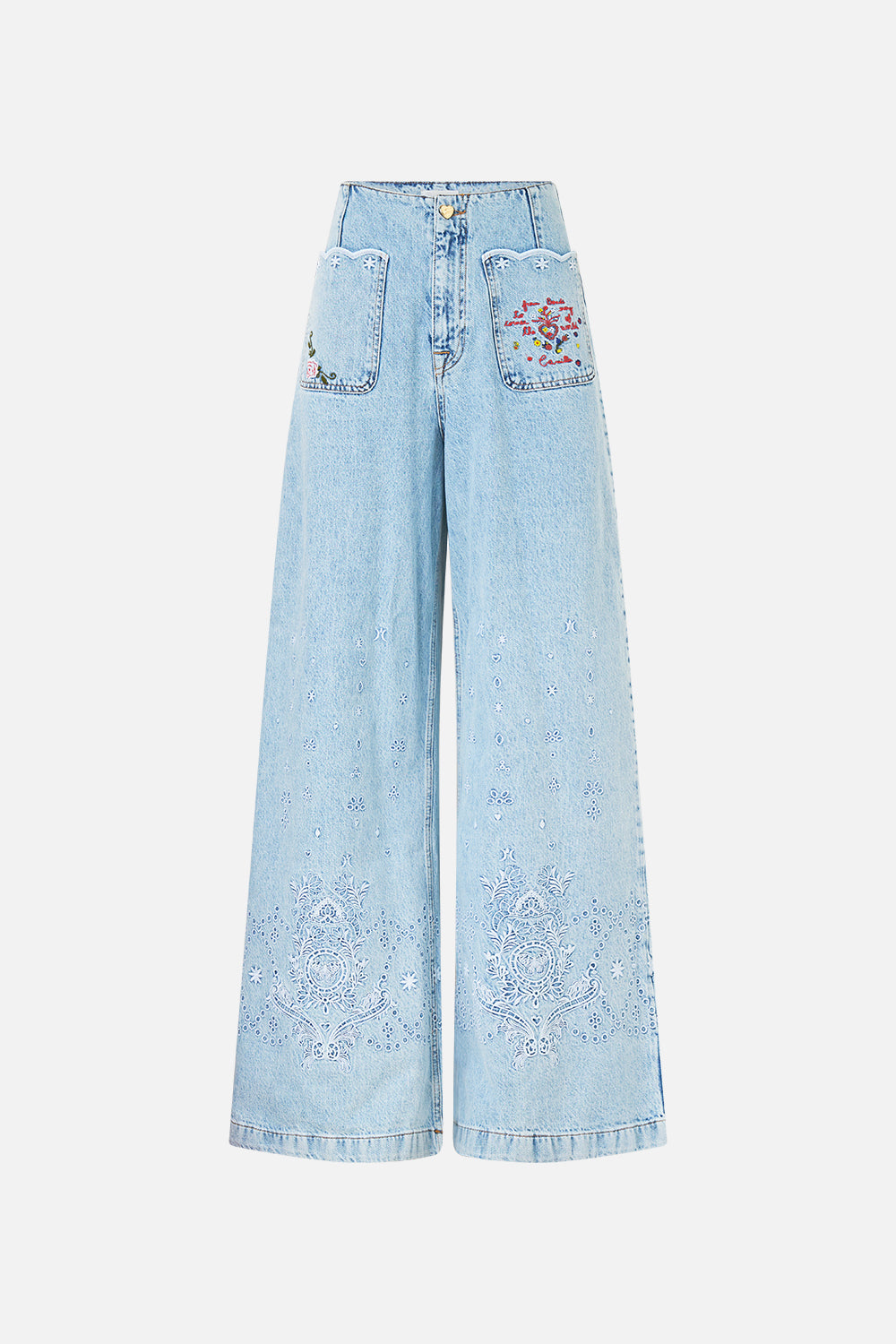 The CAMILLA LUNA KITSCH STITCH HIGH RISE WIDE LEG JEAN DENIM in our  print.
