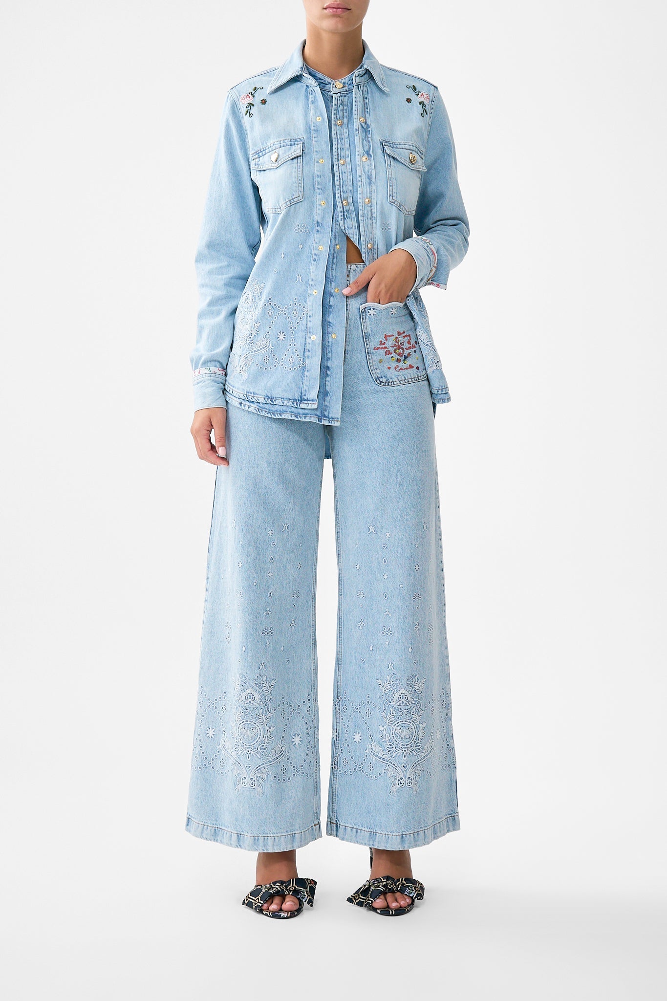 The CAMILLA LUNA KITSCH STITCH HIGH RISE WIDE LEG JEAN DENIM in our DENIM print.