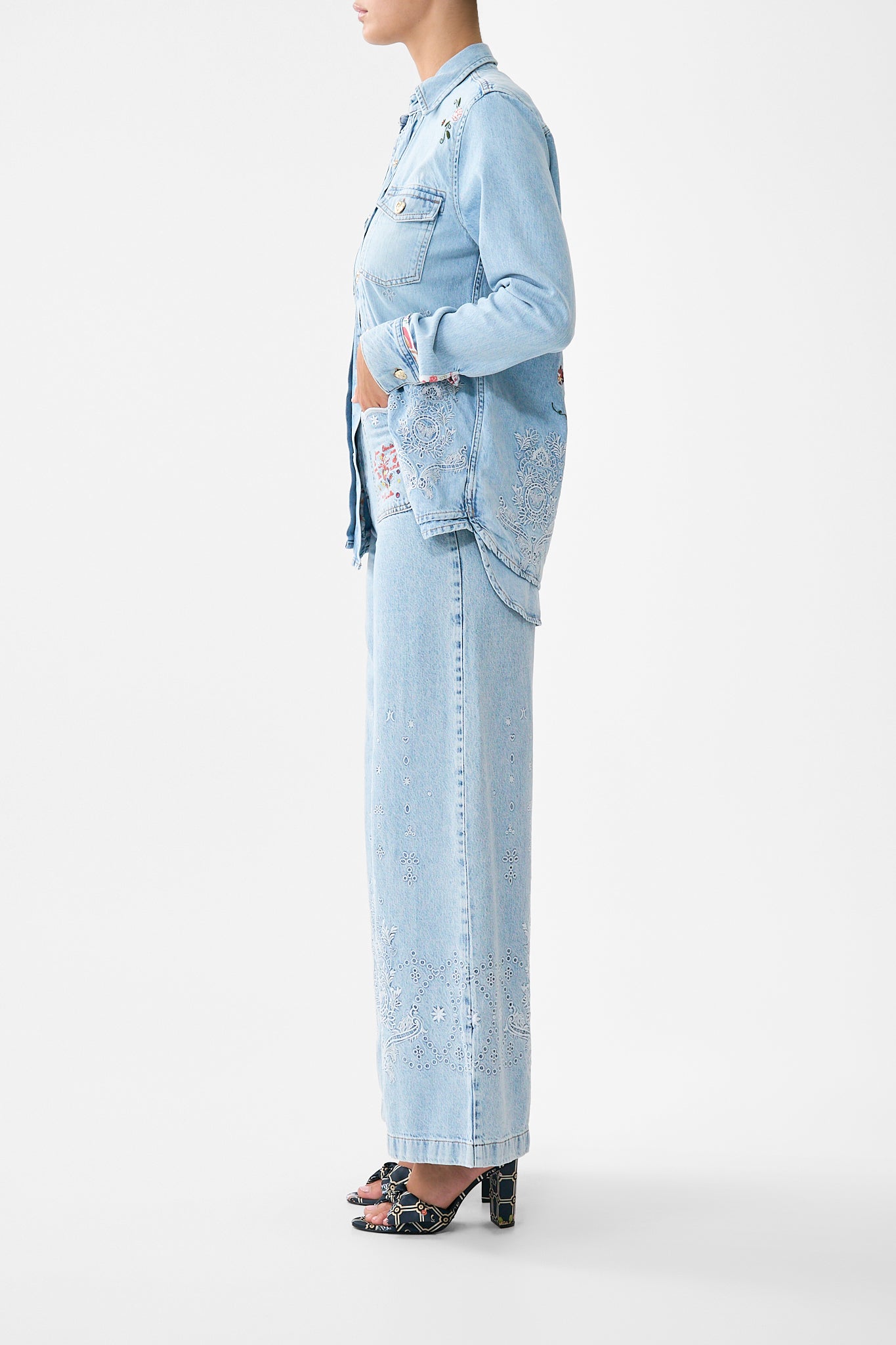 The CAMILLA LUNA KITSCH STITCH HIGH RISE WIDE LEG JEAN DENIM in our  print.