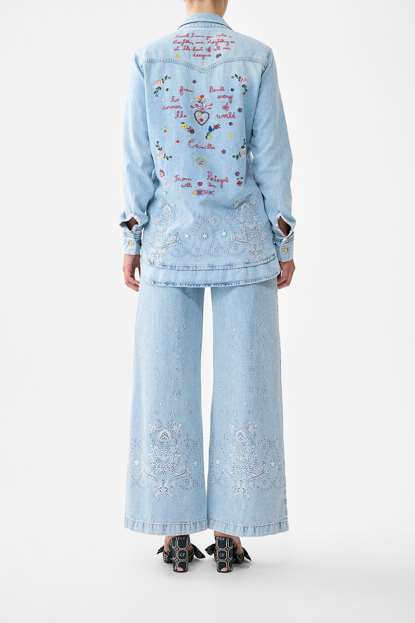 The CAMILLA LUNA KITSCH STITCH HIGH RISE WIDE LEG JEAN DENIM in our  print.