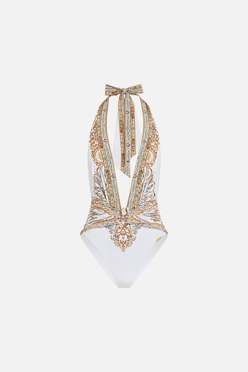 PLUNGE HALTER ONE PIECE WITH PLEATED WAIST TRIM OTTOMAN DYNASTY