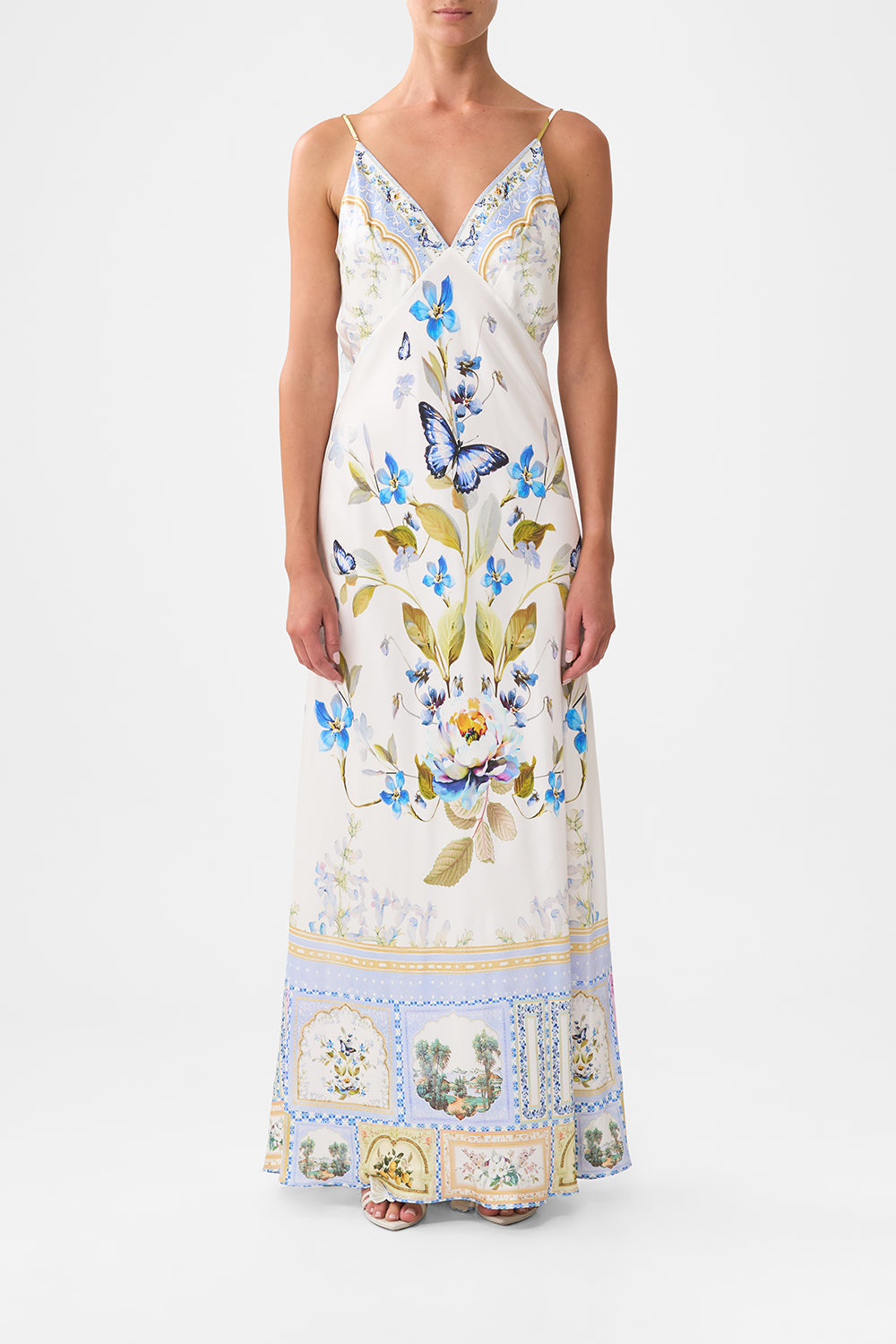 The CAMILLA V-NECK LONG BIAS SLIP DRESS WITH TRAIN BOTANICAL BALLADS in our BOTANICAL BALLADS print.
