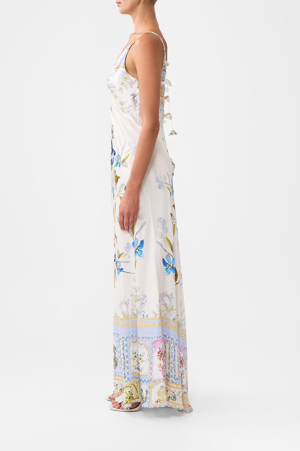 The CAMILLA V-NECK LONG BIAS SLIP DRESS WITH TRAIN BOTANICAL BALLADS in our  print.