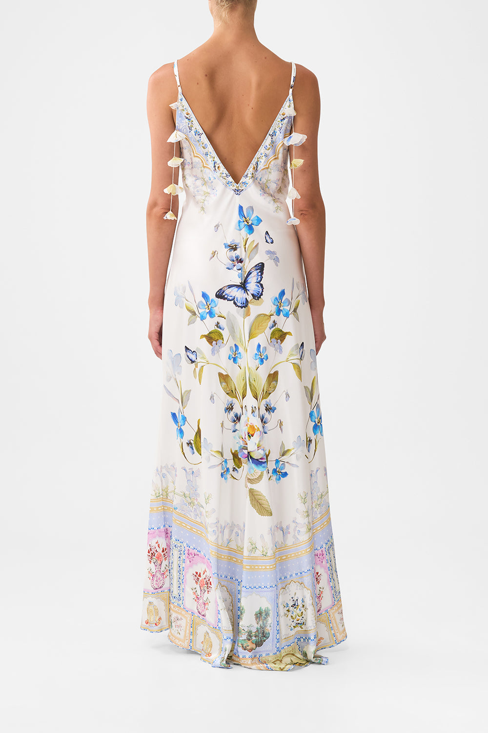 The CAMILLA V-NECK LONG BIAS SLIP DRESS WITH TRAIN BOTANICAL BALLADS in our  print.