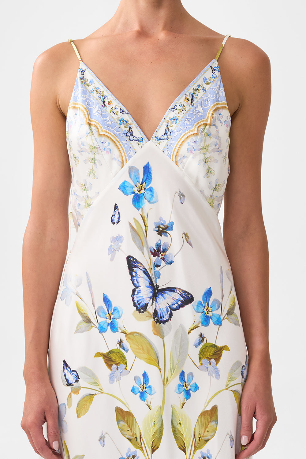 The CAMILLA V-NECK LONG BIAS SLIP DRESS WITH TRAIN BOTANICAL BALLADS in our  print.