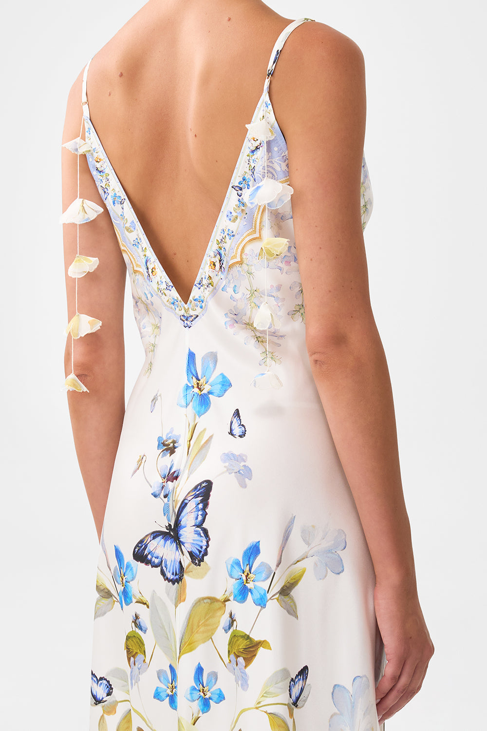 The CAMILLA V-NECK LONG BIAS SLIP DRESS WITH TRAIN BOTANICAL BALLADS in our  print.
