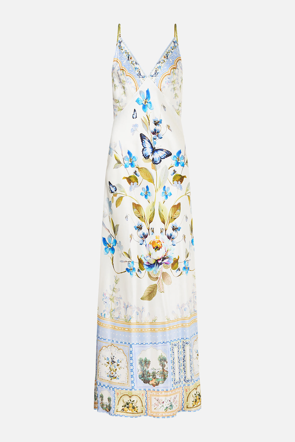 The CAMILLA V-NECK LONG BIAS SLIP DRESS WITH TRAIN BOTANICAL BALLADS in our  print.