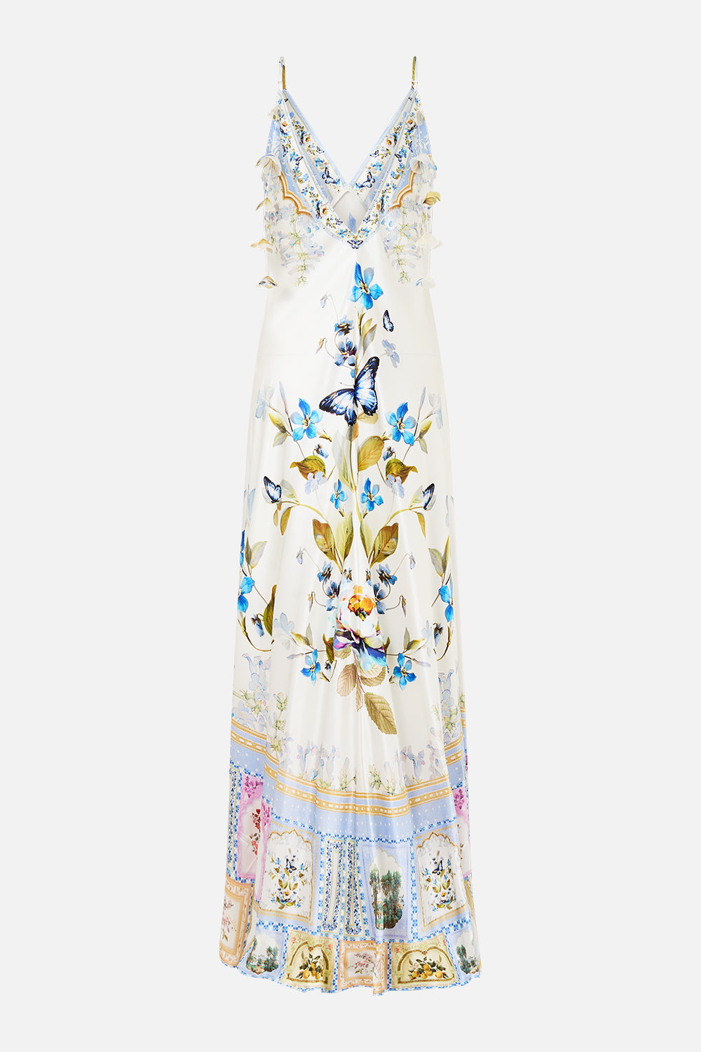 The CAMILLA V-NECK LONG BIAS SLIP DRESS WITH TRAIN BOTANICAL BALLADS in our  print.