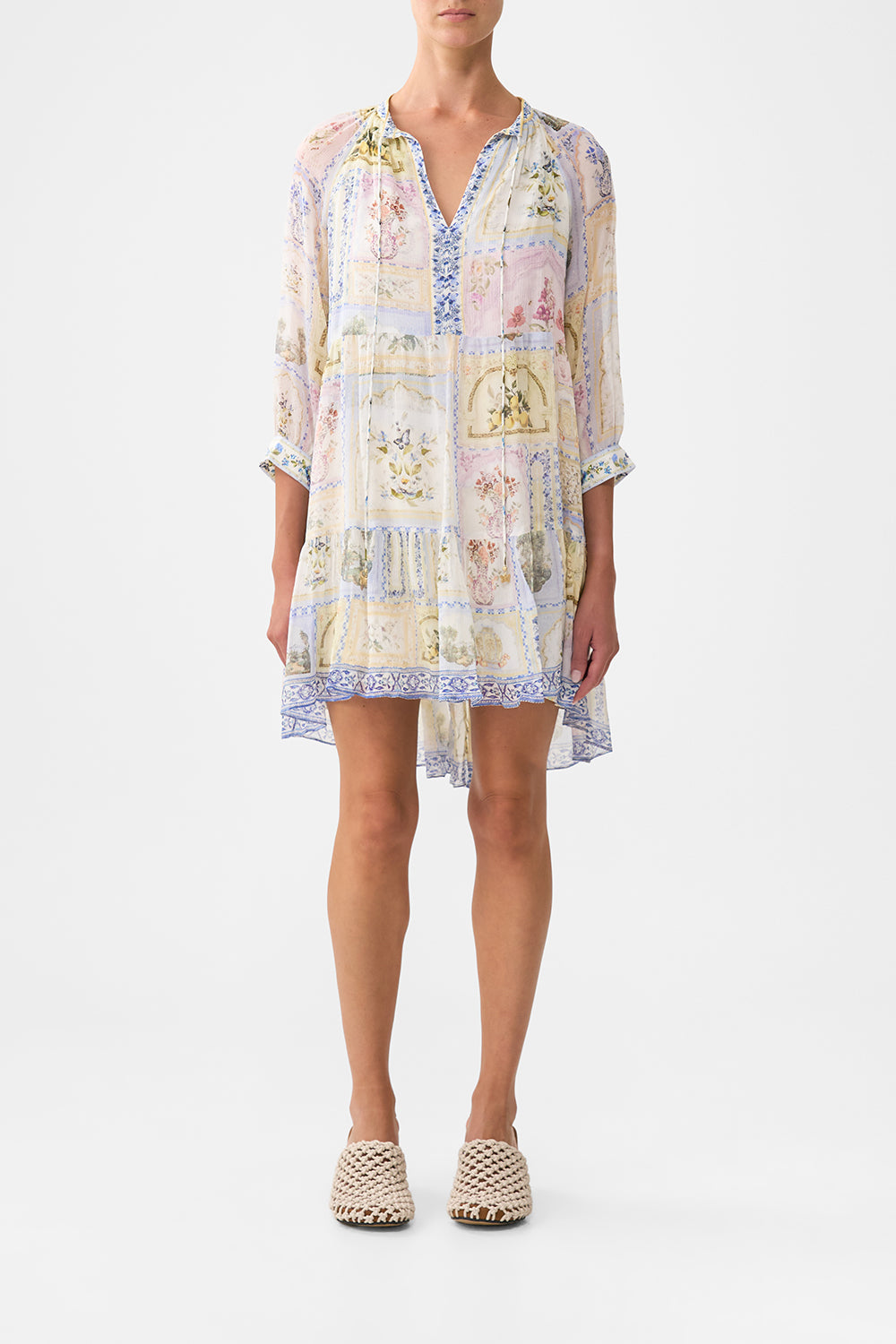 The CAMILLA SHORT GATHERED PANEL DRESS BOTANICAL BALLADS in our BOTANICAL BALLADS print.