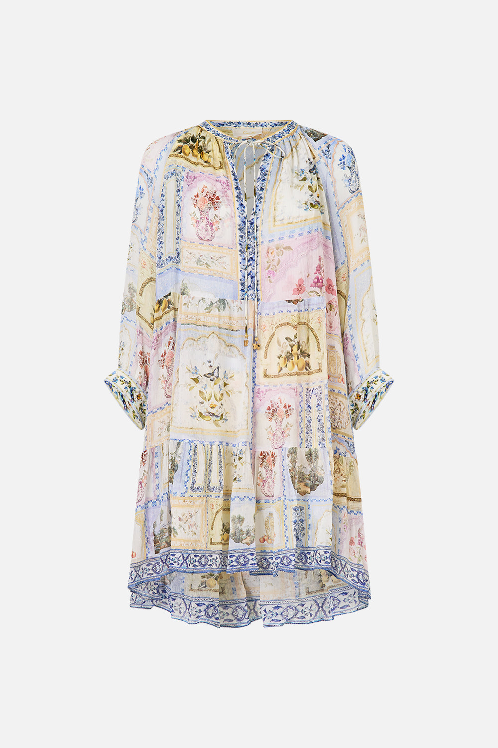 The CAMILLA SHORT GATHERED PANEL DRESS BOTANICAL BALLADS in our  print.