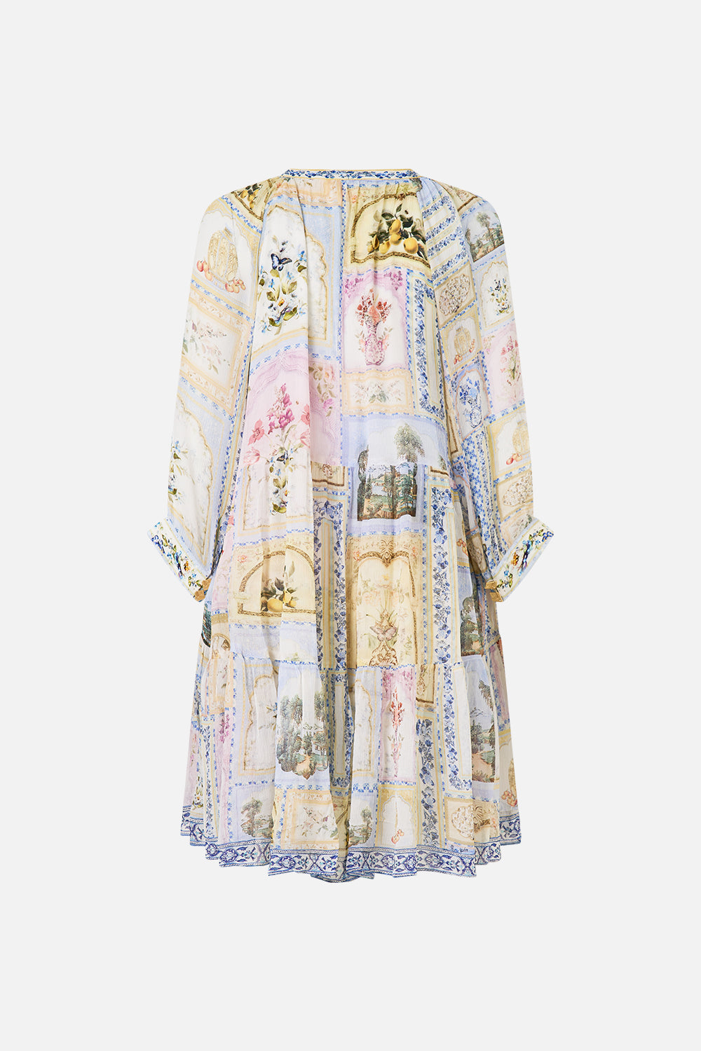 The CAMILLA SHORT GATHERED PANEL DRESS BOTANICAL BALLADS in our  print.