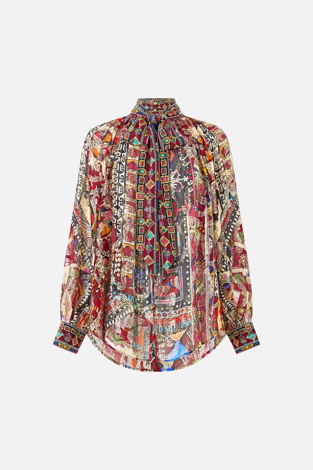 The CAMILLA DETACHABLE PUSSY BOW RAGLAN BLOUSE PATCHWORK ALCHEMY in our  print.