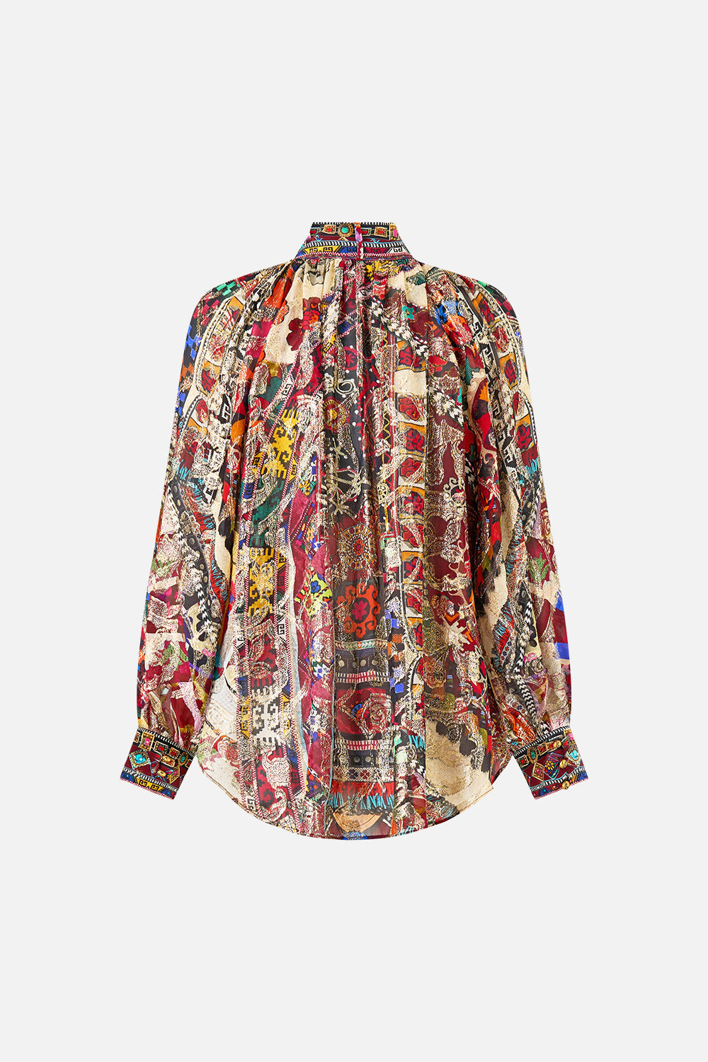 The CAMILLA DETACHABLE PUSSY BOW RAGLAN BLOUSE PATCHWORK ALCHEMY in our  print.