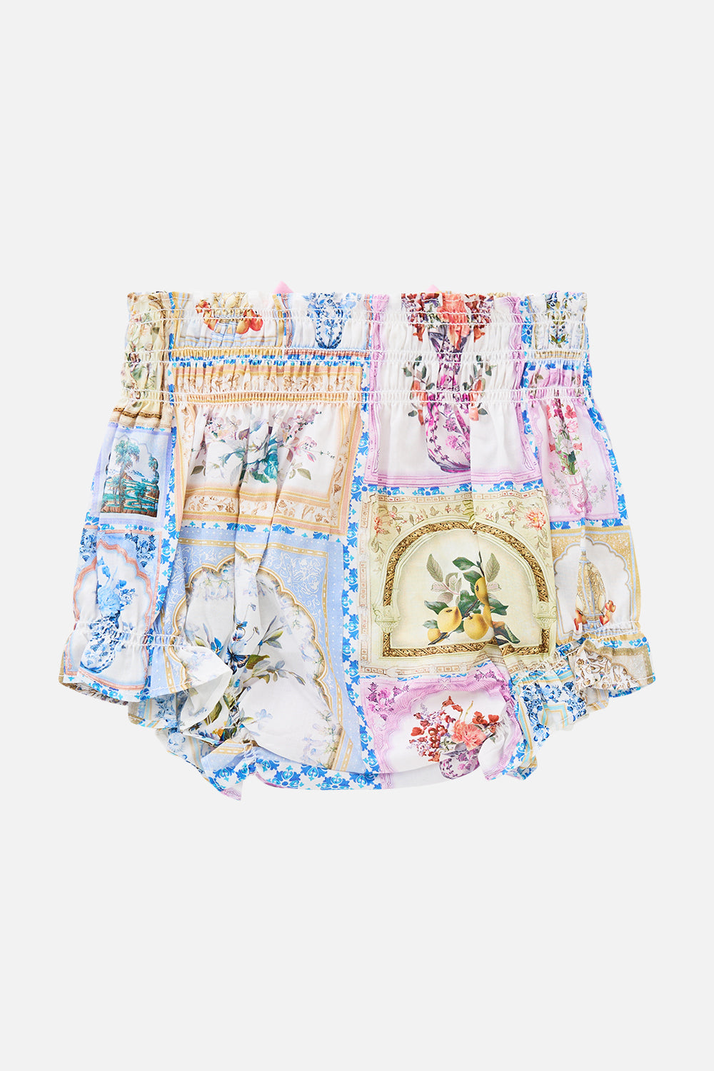 The CAMILLA babies shirred waist bloomer with bow from our print botanical ballads, front product view