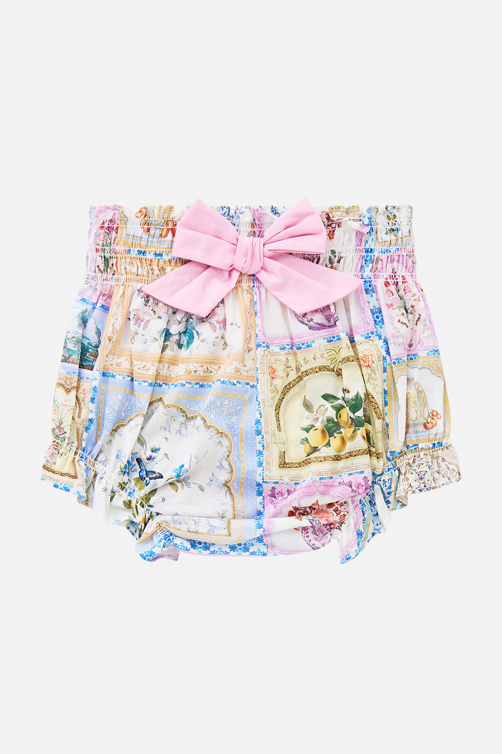 The CAMILLA babies shirred waist bloomer with bow from our print botanical ballads, back product view