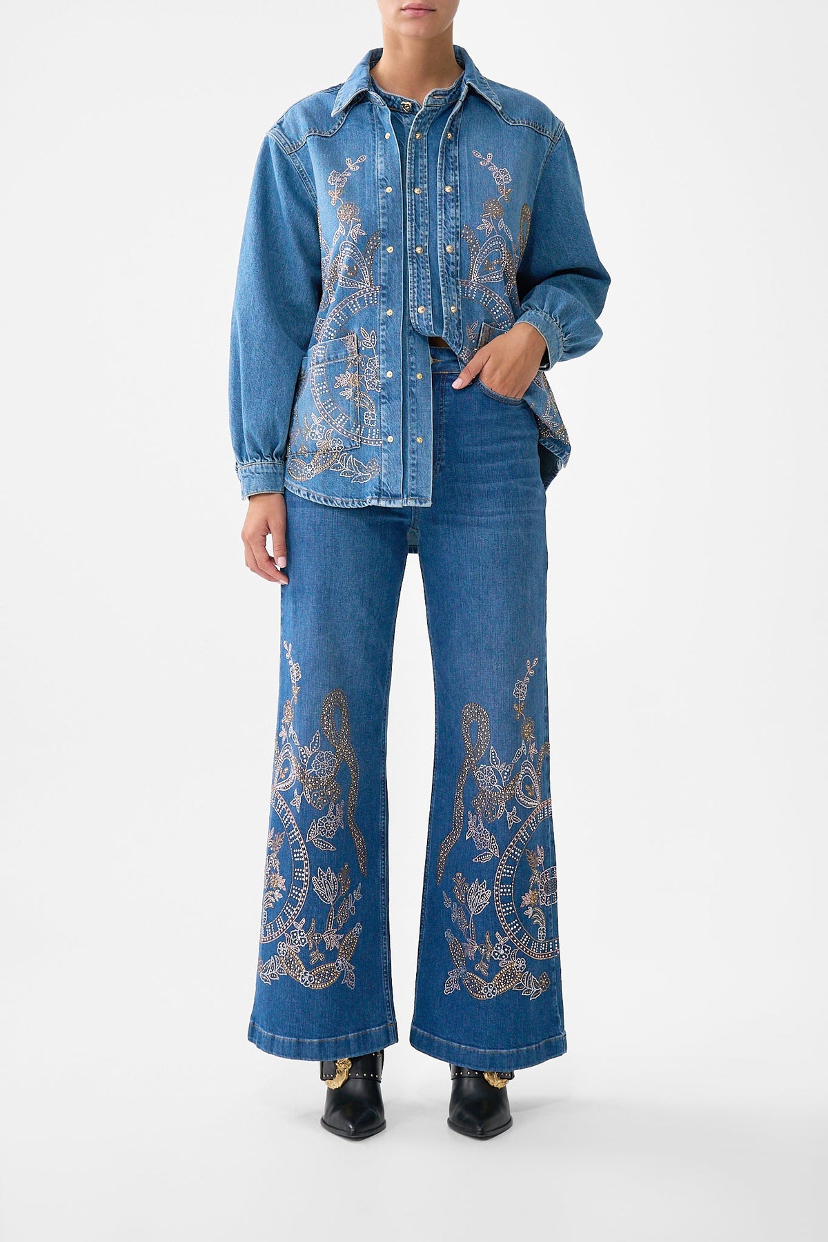 The CAMILLA Jenna Ace Of Lace High Waisted Flare in our Denim print.