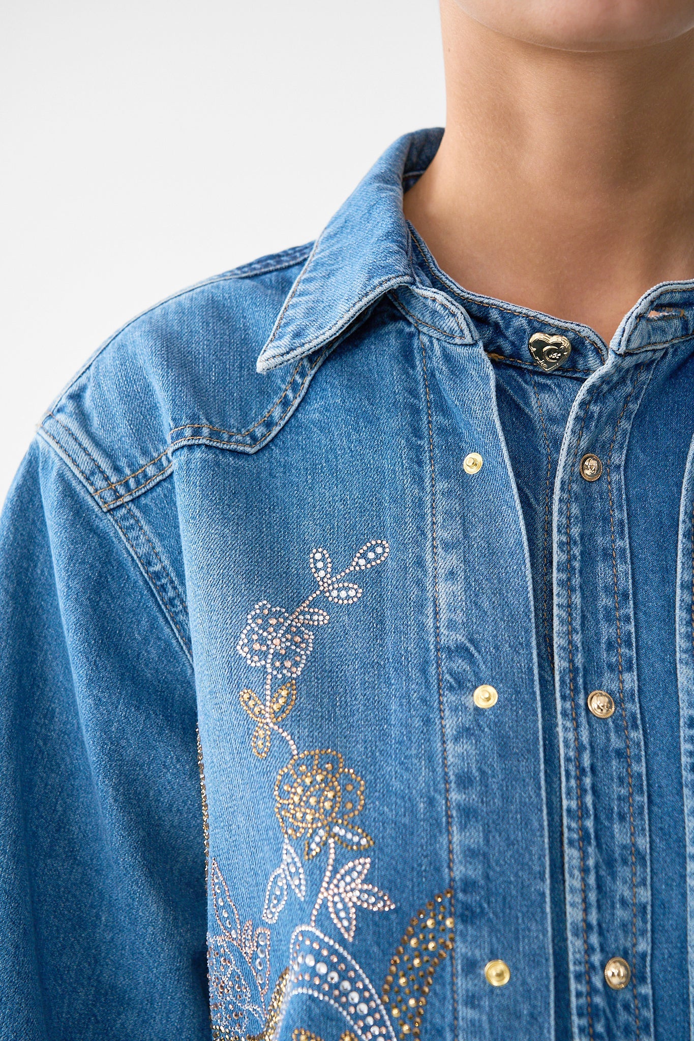 The CAMILLA LALITA ACE OF LACE LONG LINE SHIRT DENIM in our  print.