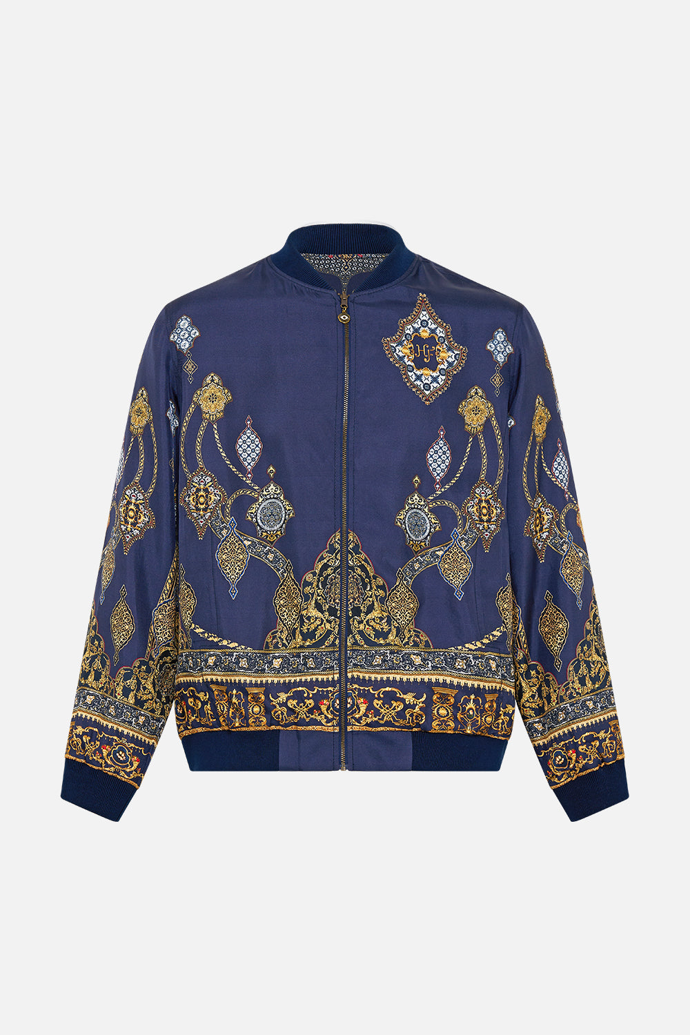 The CAMILLA reversible zip through bomber jacket from our print the imperial gate, front product view