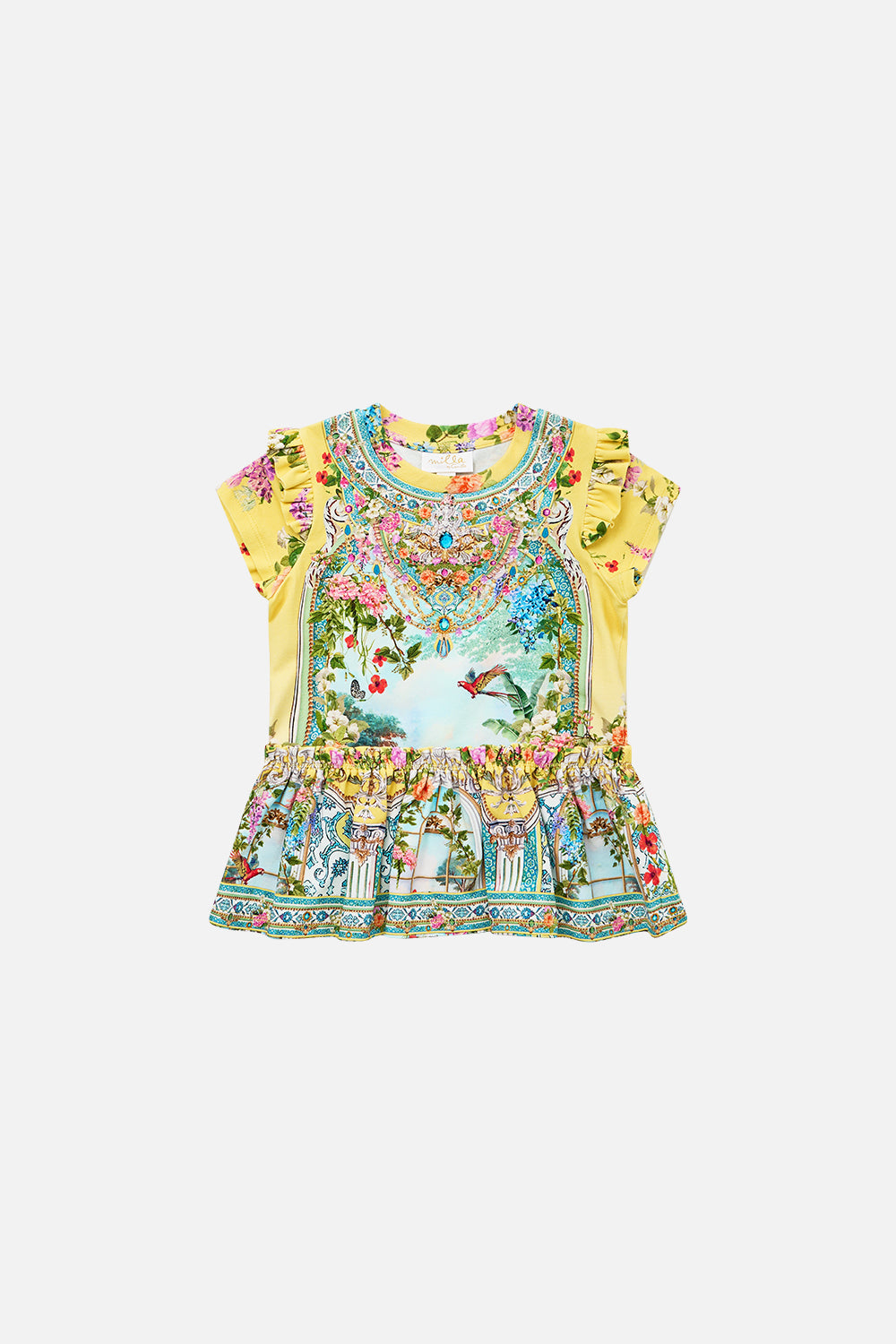 The CAMILLA babies tee dress with frill shoulder and hem from our print tales of Topkapi palace, front product view