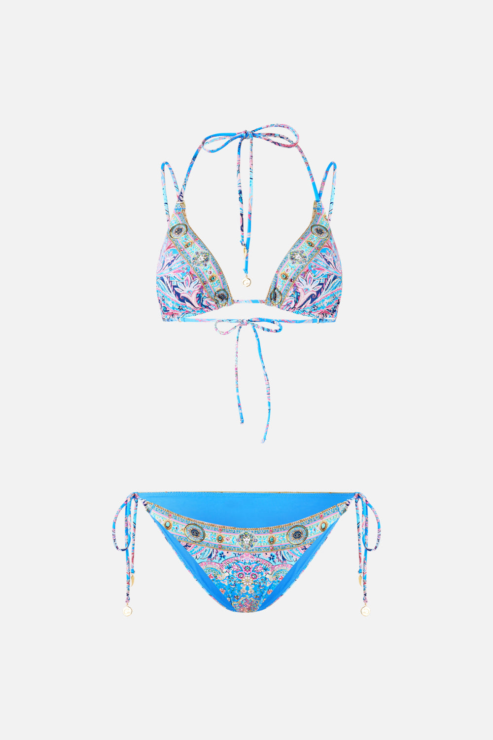CONJUNTO DE BIKINI TRIANGULAR MULTICORREA CON ANILLOS ADORNO HUELLAS EN EL FOLCLORE