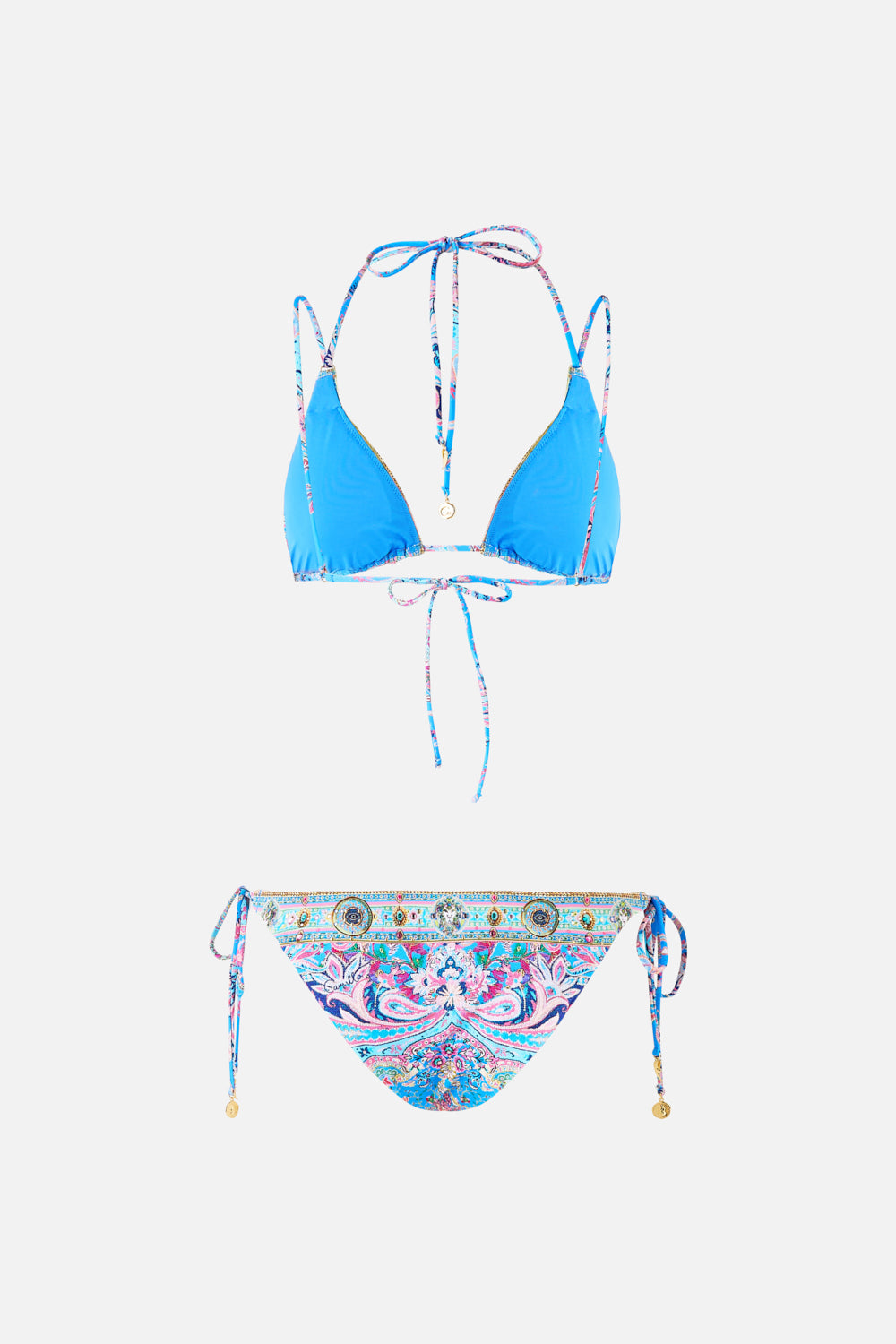 CONJUNTO DE BIKINI TRIANGULAR MULTICORREA CON ANILLOS ADORNO HUELLAS EN EL FOLCLORE