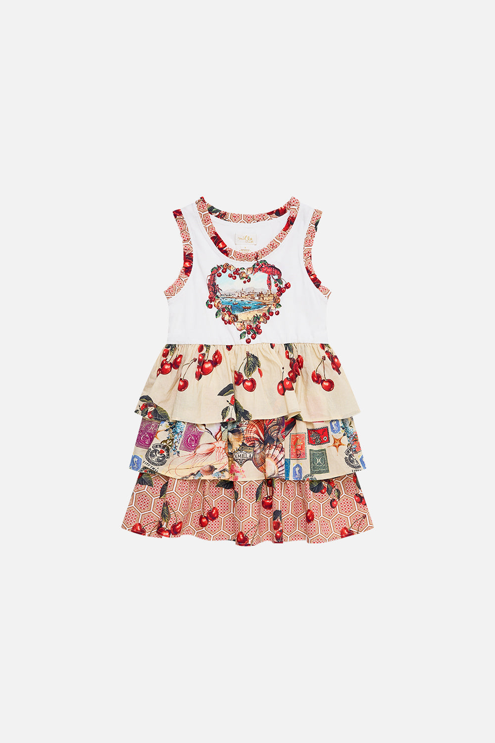 The CAMILLA kids tank mini dress w woven layered skirt from our print notes from the road, front product view