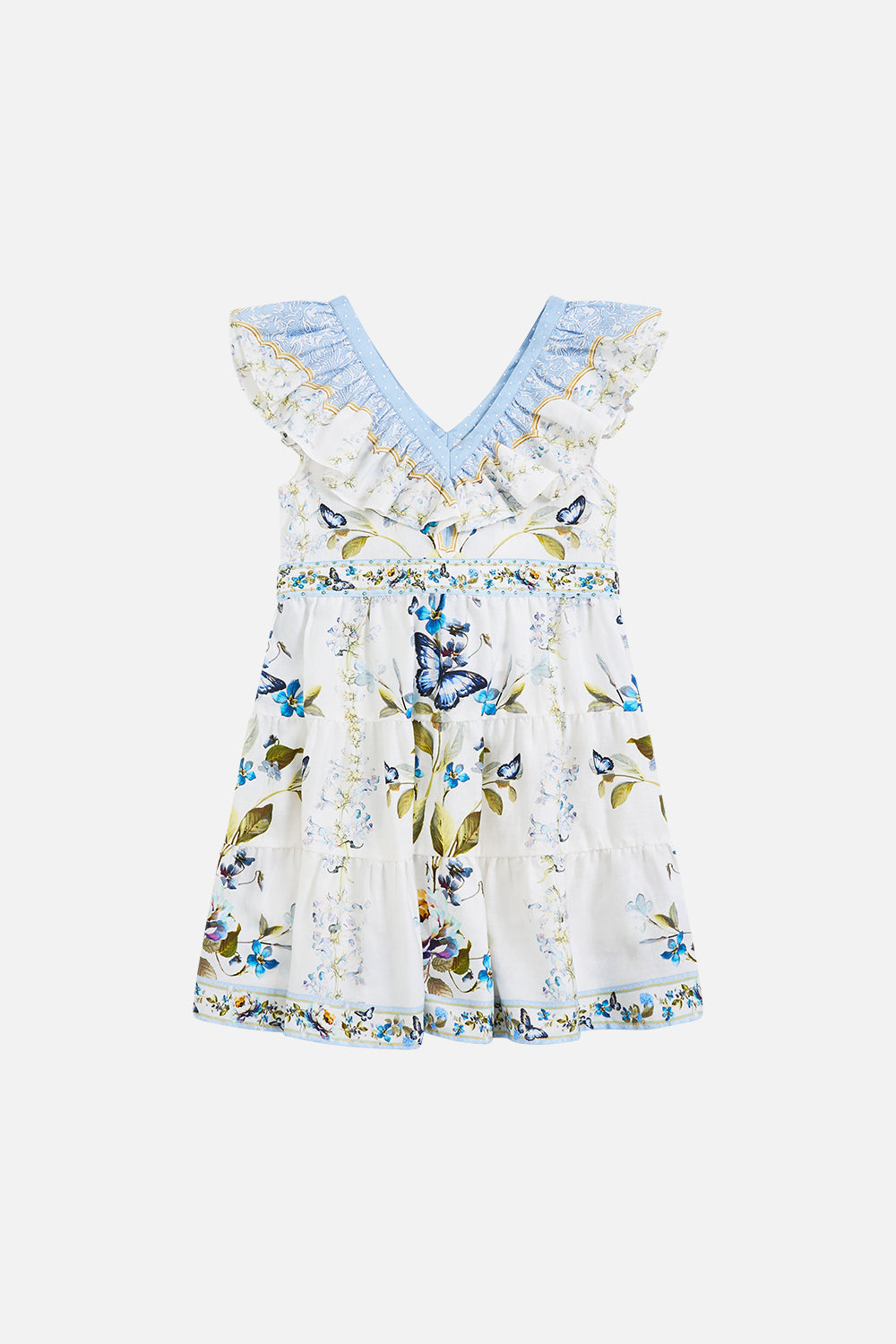 VESTIDO CORTO ESCALONADO PARA NIÑA CON CUELLO CON VOLANTES MOTIVOS BOTÁNICOS