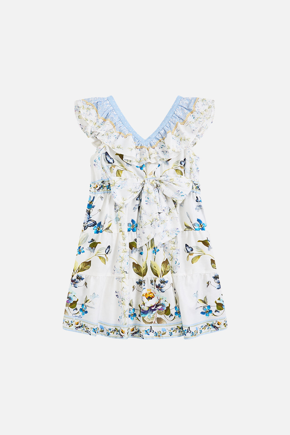 VESTIDO CORTO ESCALONADO PARA NIÑA CON CUELLO CON VOLANTES MOTIVOS BOTÁNICOS