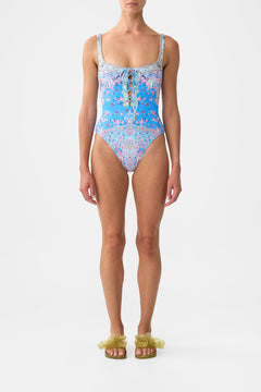 LACE UP UNDERWIRE SQUARE NECK ONE PIECE FOOTSTEPS IN FOLKLORE