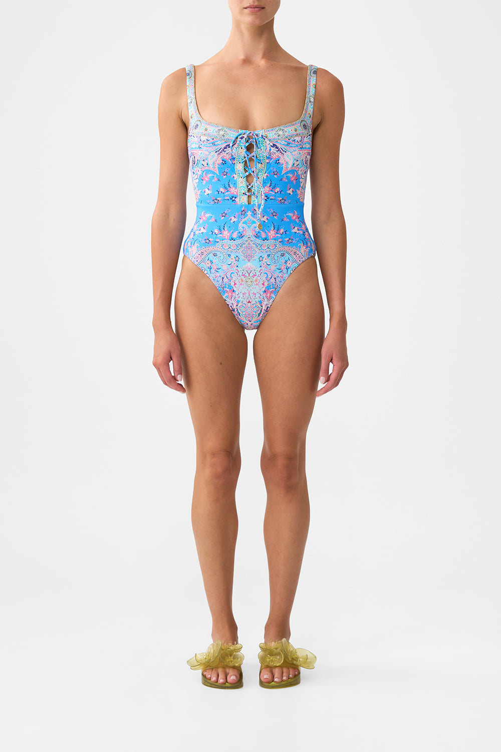 LACE UP UNDERWIRE SQUARE NECK ONE PIECE FOOTSTEPS IN FOLKLORE